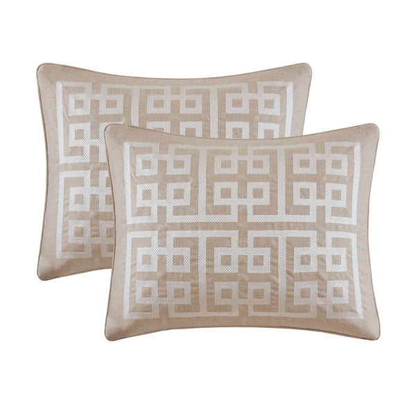 English Elm 8-piece Queen Bedding Set Slub Fabric Embroidery Velvet Accents Boutique Hotel Style Taupe B035P482953