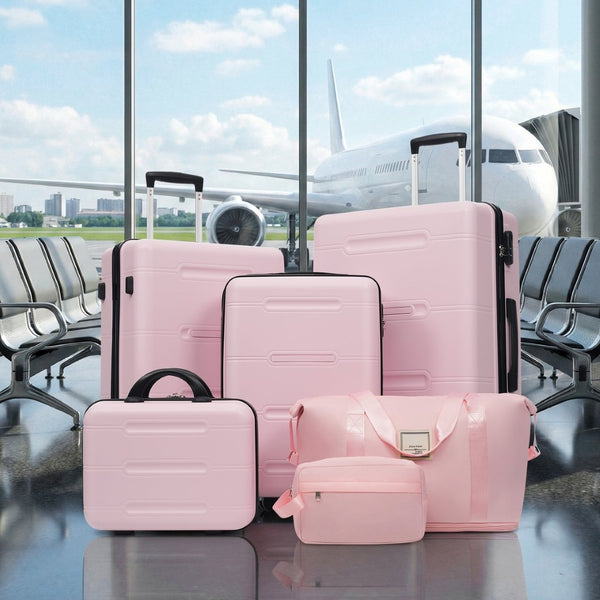 English Elm 6 Piece Hardshell Abs Travel Set with Spinner Wheels Combination Lock and Toiletry Bag Pink N732P391465H