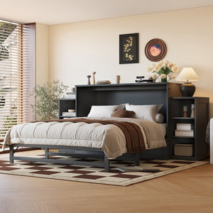 English Elm Queen Murphy Wall Bed with Open Shelves and Drawers for Guest or Office Rooms Dark Gray W5316S00009