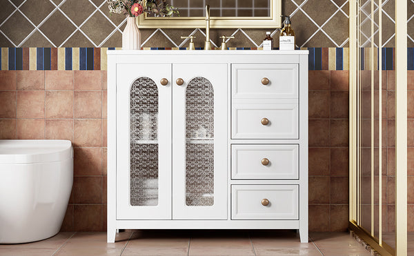 English Elm 36.02-inch white bathroom vanity with ceramic basin, gold round handles, soft-close doors & drawers N729P184710K