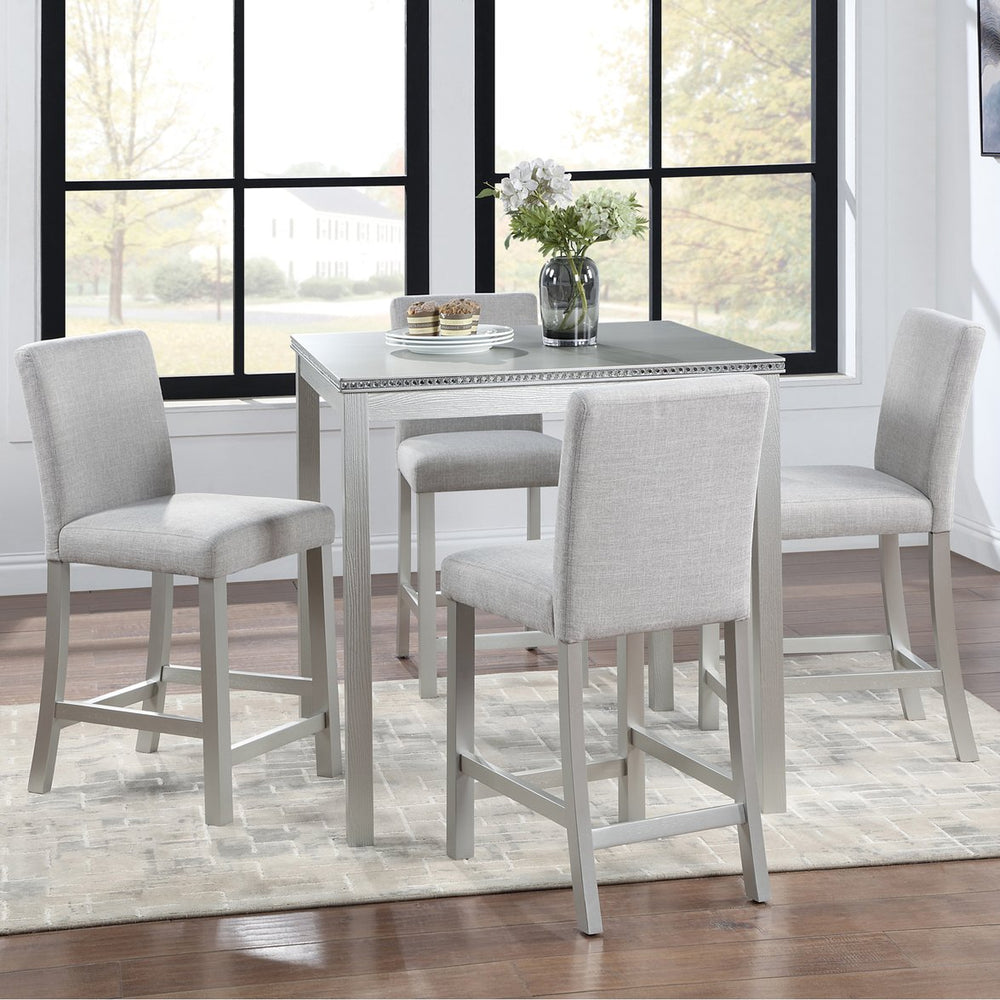 English Elm 5 Piece Counter Height Table Set – Stylish Wooden Dining Set With Upholstered Chairs & Crystal Accents W1998S00039