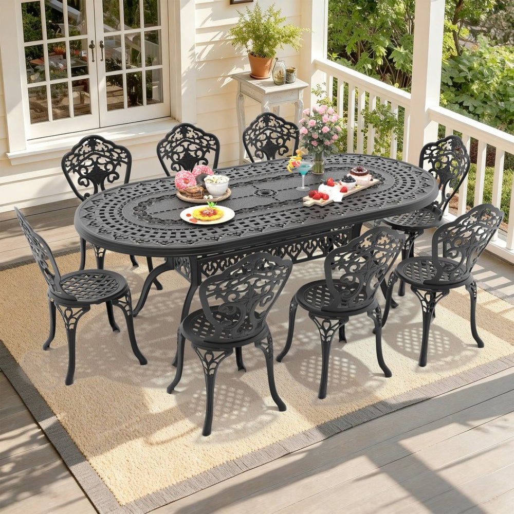 English Elm 9-piece Cast Aluminum Outdoor Dining Set Carved Petal Motifs Black Powder Coat W1710S00533