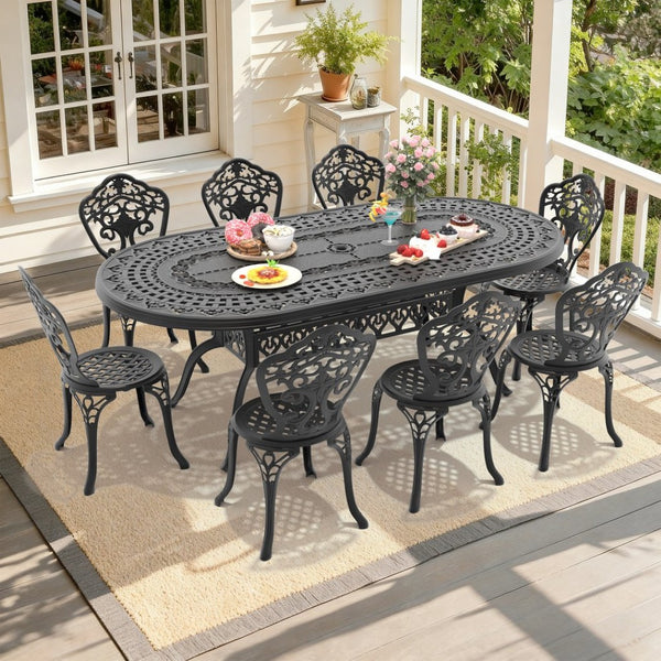 English Elm 9-piece Cast Aluminum Outdoor Dining Set Carved Petal Motifs Black Powder Coat W1710S00533