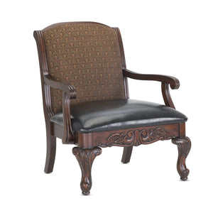 English Elm Lucille Ornate Arm Chair in Brown Wood & Deep Green Jacquard Fabric — Solid Birch, Hand-Carved Elegance B050P229950
