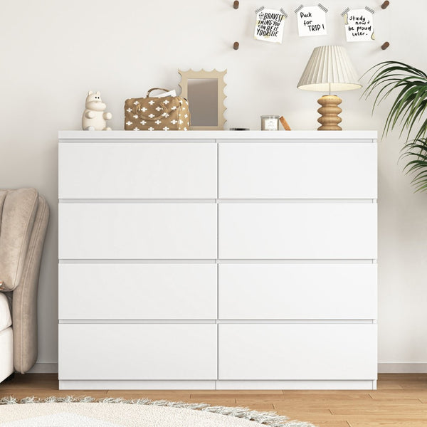 English Elm 8 Drawer Tall Chest Slim Particleboard Build Smooth Gliding Storage for Bedroom Closet White W409S00030