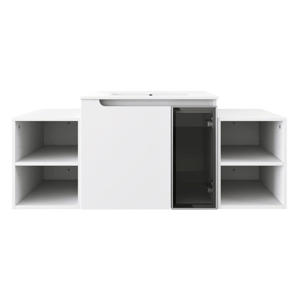 English Elm 48" Floating Bathroom Vanity with Ceramic Sink Soft Close Doors and Grey Glass Panel W999S00529