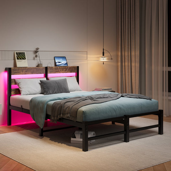 English Elm Full Metal Bed Frame with Wooden Headboard, USB Charging, RGB App Lighting, Large Under-Bed Storage Beige+Brown W840P209896