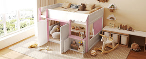 English Elm Twin House Loft Bed with Pull Out Rolling Desk Stair Drawers and Cabinet Storage N820S00074H