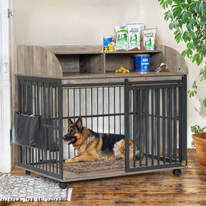 English Elm GO Furniture-Style Dog Crate 44" Gray End Table Kennel with Sliding Barn Door, Storage Shelves, Wheels WF323360AAE
