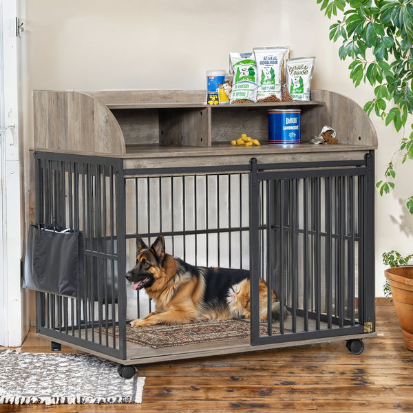 English Elm GO Furniture-Style Dog Crate 44" Gray End Table Kennel with Sliding Barn Door, Storage Shelves, Wheels WF323360AAE