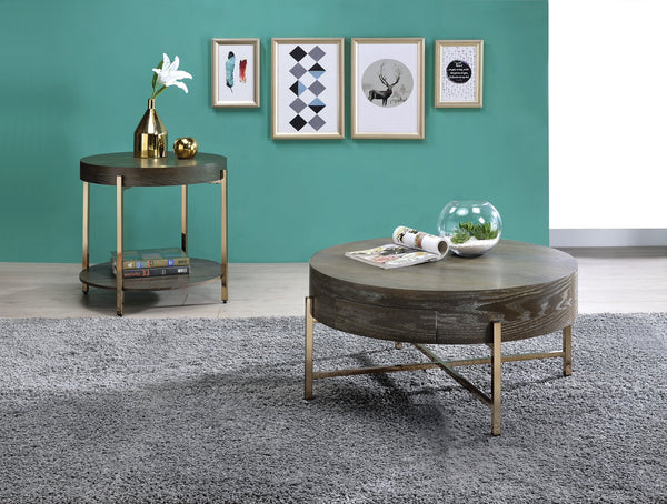 English Elm Light Brown Drum Coffee Table with Single Drawer and Champagne Base — Oak Veneer, Modern Storage Elegance B062P209129