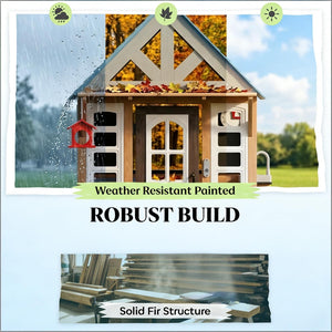 English Elm Garden Fir Wood Kids Playhouse with Toy Kitchen Chalkboard and Birdhouse Outdoors T3971P491771