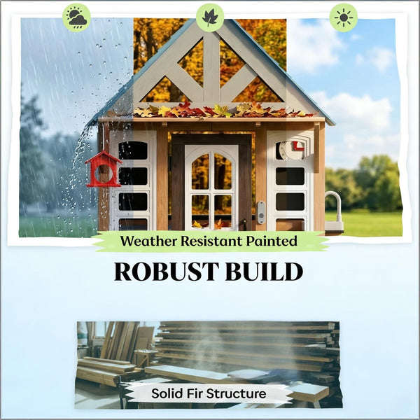 English Elm Garden Fir Wood Kids Playhouse with Toy Kitchen Chalkboard and Birdhouse Outdoors T3971P491771