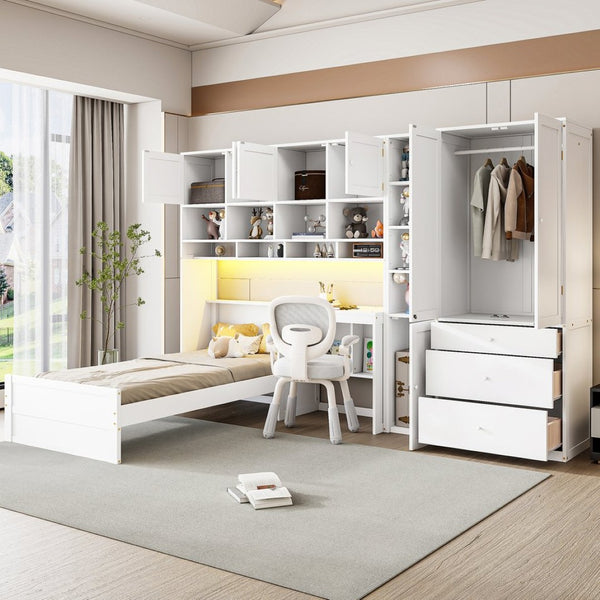 English Elm Wooden Twin Loft Bed with Built-in Desk Wardrobe Storage Drawers and Led Lighting N820S00069K