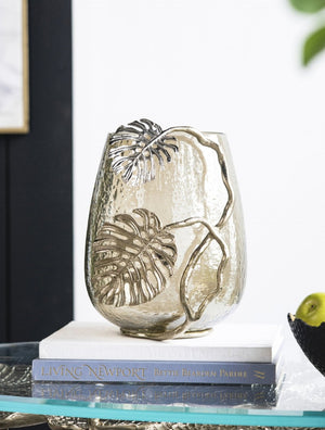English Elm 9.8x8.5x10.8" Palm Motif Hurricane Holder Silver Aluminum Smoke Glass Mantel Decor W2078P490401