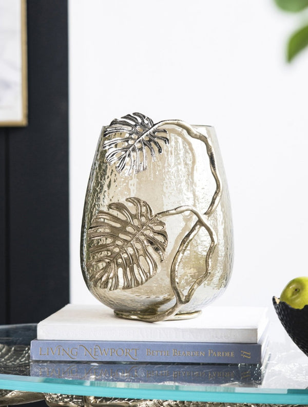 English Elm 9.8x8.5x10.8" Palm Motif Hurricane Holder Silver Aluminum Smoke Glass Mantel Decor W2078P490401