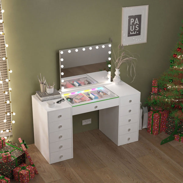 English Elm Vanity Desk Hollywood Mirror 18 Led Bulbs Rgb Strip Bluetooth Speakers 11 Drawers W3660S00003