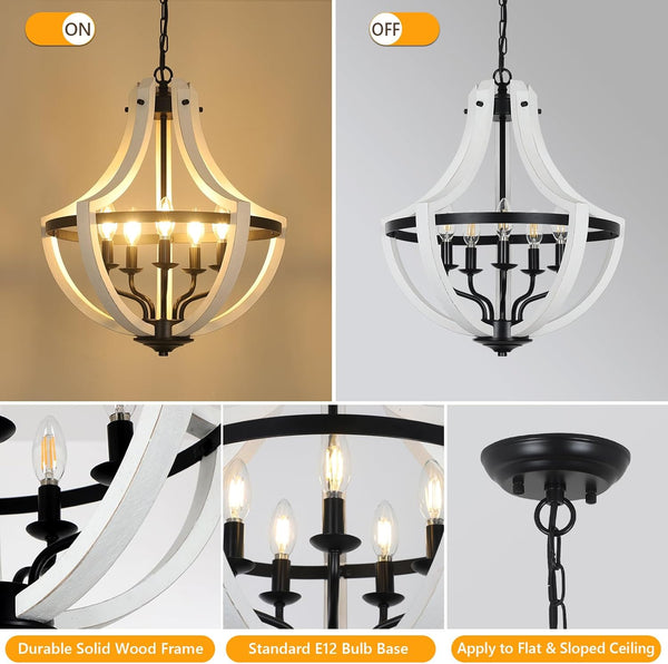 English Elm 5-Light Farmhouse Chandelier Vintage Geometric Wooden Frame Metal Fixture for Dining Room Foyer White W2738P242329