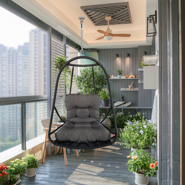English Elm without Swing Egg Chair Rattan Hanging Patio Basket with C-Bracket, Foldable, Cup Holder, Cushions, Durable Metal Frame Black W2707P388615