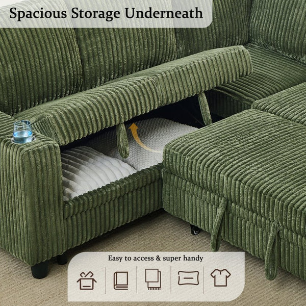 English Elm L-shaped Sectional Sleeper Sofa with Hidden Storage Usb Charging Corduroy Upholstery Olive Green W1998S00095