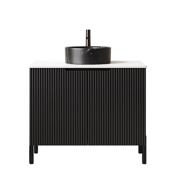 English Elm Turio Freestanding Bathroom Vanity Plywood Cabinet Sintered Stone Top Glass Basin W2615S00556