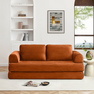 English Elm Convertible Floor Sofa Futon with Corduroy Upholstery for Living Room Lounging and Sleeping Orange W1117P434732