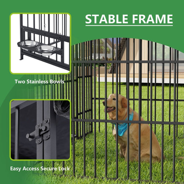 English Elm Large Outdoor Dog Kennel Heavy Duty Iron Run with Waterproof Canopy and Feeding Bowls W1820P321938