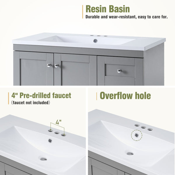 English Elm 72-inch Shaker Double Bathroom Vanity Gray Mdf with Resin Basins and Soft Close Storage N729P000030E