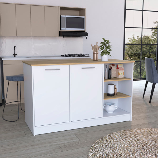 English Elm Ginger Kitchen Island with 3 Open Shelves, 2 Cabinets, 26" x 59" Prep Counter in Walnut Finish B200S00395