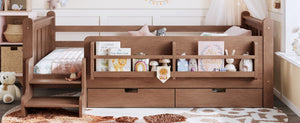 English Elm Twin Pine Floor Bed with Guardrails Built-in Bookcases and Stair Steps for Kids Natural W1580P430200