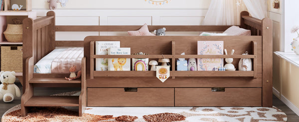 English Elm Twin Pine Floor Bed with Guardrails Built-in Bookcases and Stair Steps for Kids Natural W1580P430200