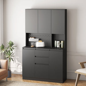 English Elm 74" Freestanding Buffet with Hutch - Black 6-Door Kitchen Pantry Cabinet, 3 Shelves, 2 Drawers, Multipurpose Storage for Laundry, Closet W1321S00005