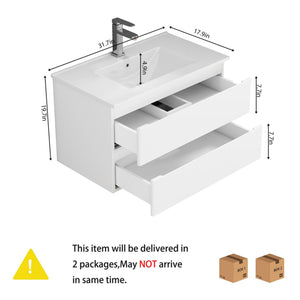 English Elm 32-Inch Wall-Mounted Bathroom Vanity With Soft-Close Sink, Double Drawers, Modern Design & Easy Install W3151S00047