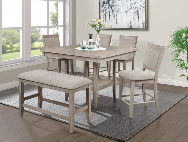 English Elm 1pc Contemporary Transitional Counter Height Dining Table with 20" Faux Marble Lazy Susan, Affixed Storage Base, Tan Beige Finish B011P240451