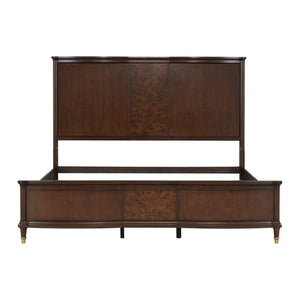 English Elm Transitional Eastern King Panel Bed Rubberwood Burl Veneer Gold Accent Feet B2741S00796