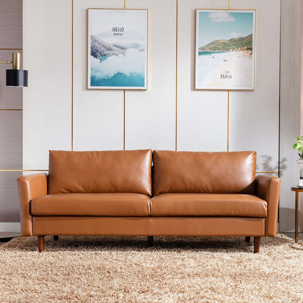 English Elm 80'' Faux Leather Sofa Couch — Mid-Century 3-Seater with Solid Wood Frame, High-Density Foam, Easy-Clean Brown T2694S00062