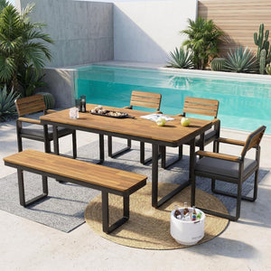 English Elm 6-piece Outdoor Acacia Wood Patio Dining Set with Cushioned Chairs Bench Steel Frame Gray N704G201255E
