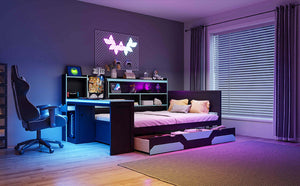 English Elm Full Size Gaming Bed Frame with Desk Led Lights Storage Drawers and Charging Station Black+Blue LP000289AAC