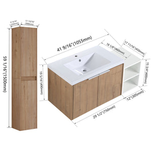 English Elm 42" Wall-Mounted Bathroom Vanity Set With Soft-Close Doors, Resin Sink & Side Cabinets For Style W999S00236