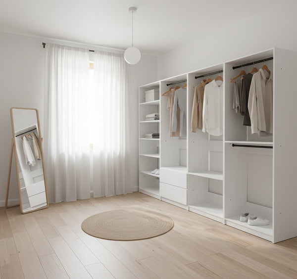 English Elm Prosper White Freestanding Walk-In Wood Closet System with Oak Finish, Ample Modular Storage & Easy Assembly B040S00147