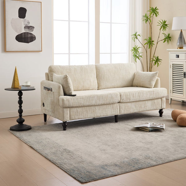 English Elm Modern chenille 2-seater sofa with LED lighting, USB charging, storage pocket, sturdy wood legs Beige W395P318540