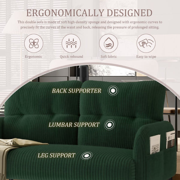 English Elm United We Win Corduroy Two Seat Sofa with Lumbar Support and Built in Storage Pockets Emerald W1568P386169