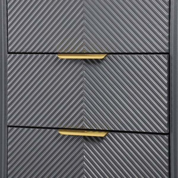 English Elm Mid-century Fluted 3 Drawer Nightstand with Gourd Legs and Gold Tone Handles for Bedroom Dark Gray N761P285712D