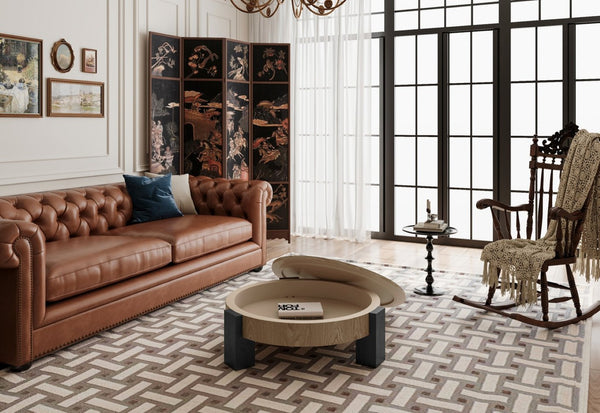 English Elm 33'' Round Coffee Table Parquet Veneer Flip Top Hidden Storage Wabi-sabi Living Room Matte Black,Natural Wood W1435P419318