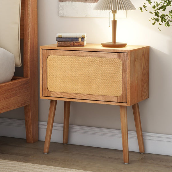 English Elm Rotating Rattan Nightstand Push Open Hidden Storage Mid Century Wood Leg Bedside Natural N761P288451M