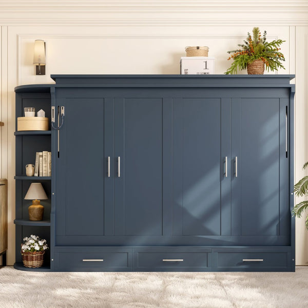 English Elm Full Size Murphy Wall Bed with Side Cabinets Three Drawers and Shelving for Small Spaces Blue W1580S00451