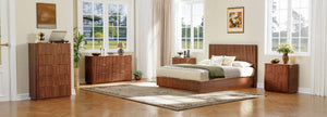 English Elm Queen Bed Frame with Led Lighting Curved Groove Panels and Floating Base Modern Bedroom Walnut W1820S00049
