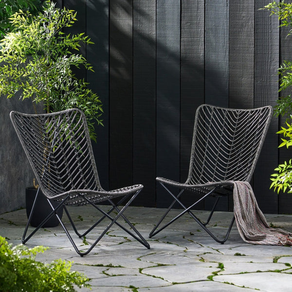 English Elm Gatlin Woven Wicker Outdoor Accent Chair Set Bohemian Curved Shell with Geometric Base 70650.00GRY