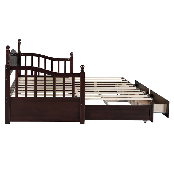 English Elm Wooden Twin Daybed with Trundle and Two Storage Drawers, Solid MDF Frame, Guardrails for Safety and Style Espresso 43.5 L x 24.75 W x 6 H N733S173459P