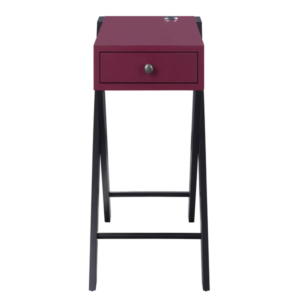 English Elm Burgundy Rectangular Side Table with Drawer and Dual USB Ports, X-Style Wood Legs, Compact Chic B062P185647